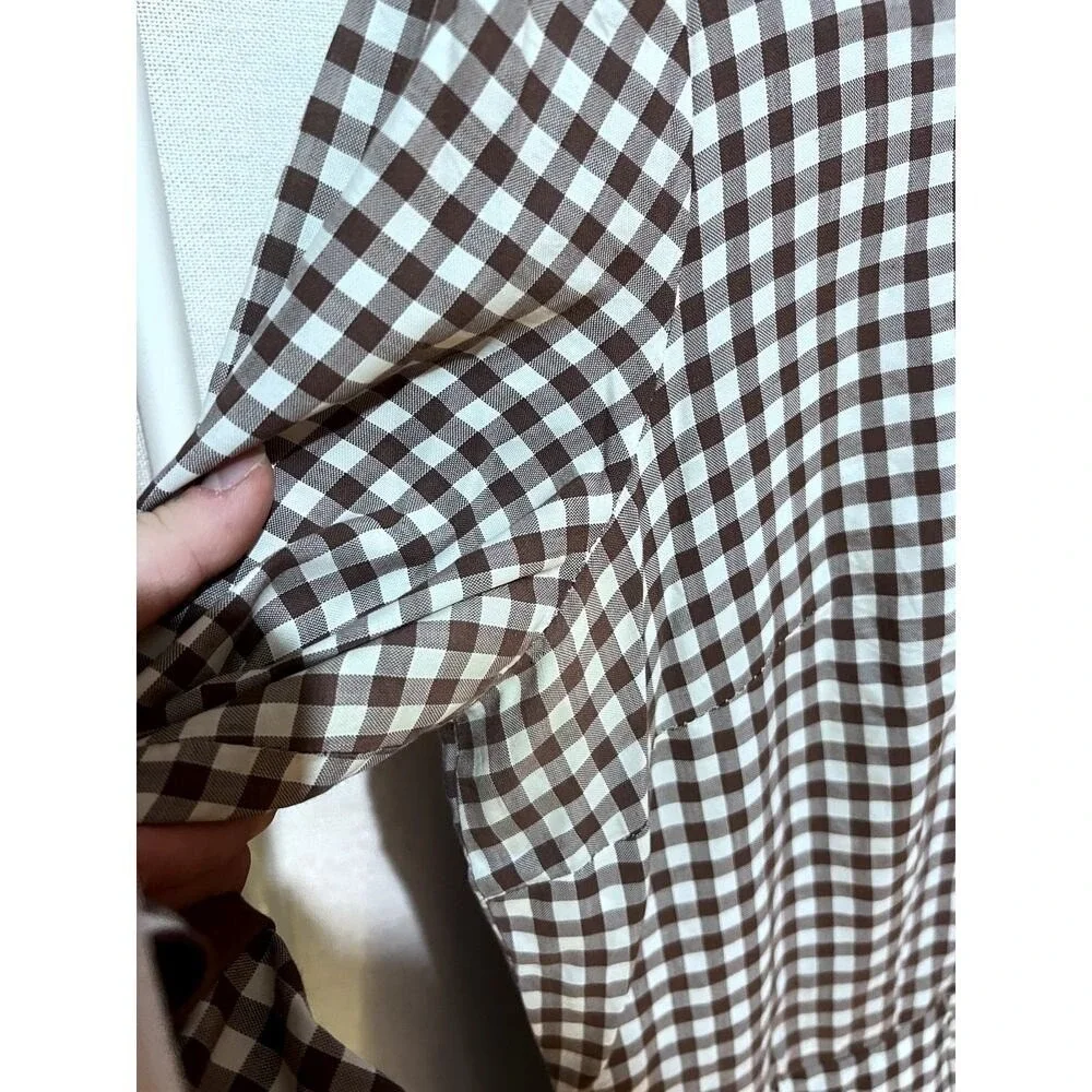 Vintage 60s 70s Brown Gingham Scoopneck Ruffle Button Midi‎ Dress